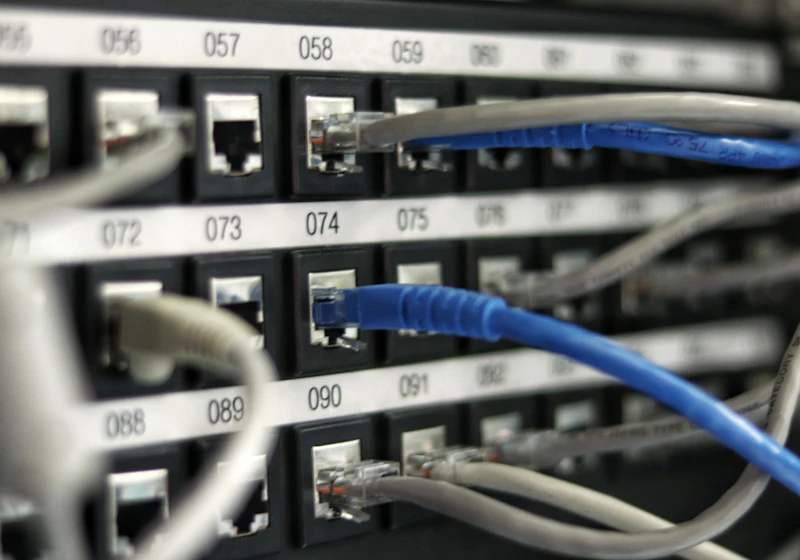 Patch panel con cables de red conectados y etiquetados